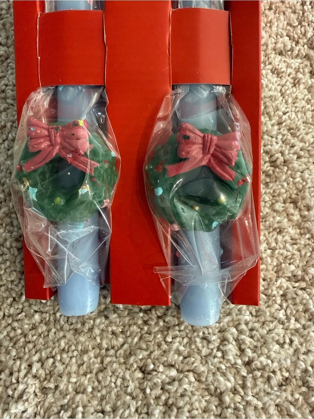 Anthropologie Red Boxed Taper Candles with Green Holders